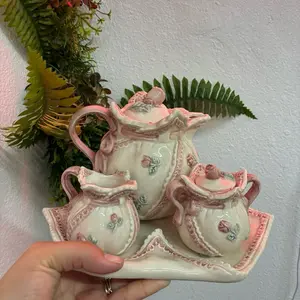 Elegant Tea Set with Pink Floral Design Includes Teapot Creamer Sugar Bowl and Tray Perfect for Tea Lovers