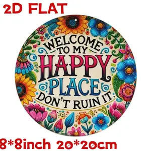 8*8in Flat Design Vintage Aluminum Wall Sign "Welcome to My Happy Place Don't Ruin It" - Colorful Floral Decor for Garden, Beach & Garage - Easy to Hang No Electricity Needed, Cheerful Welcoming Design Flower
