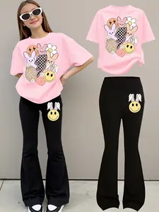 Easter Girl Cartoon Rabbit Print Casual Sport Set, Fashion Cute T-Shirt Bell Bottoms Set, All Seasons Fitted Style