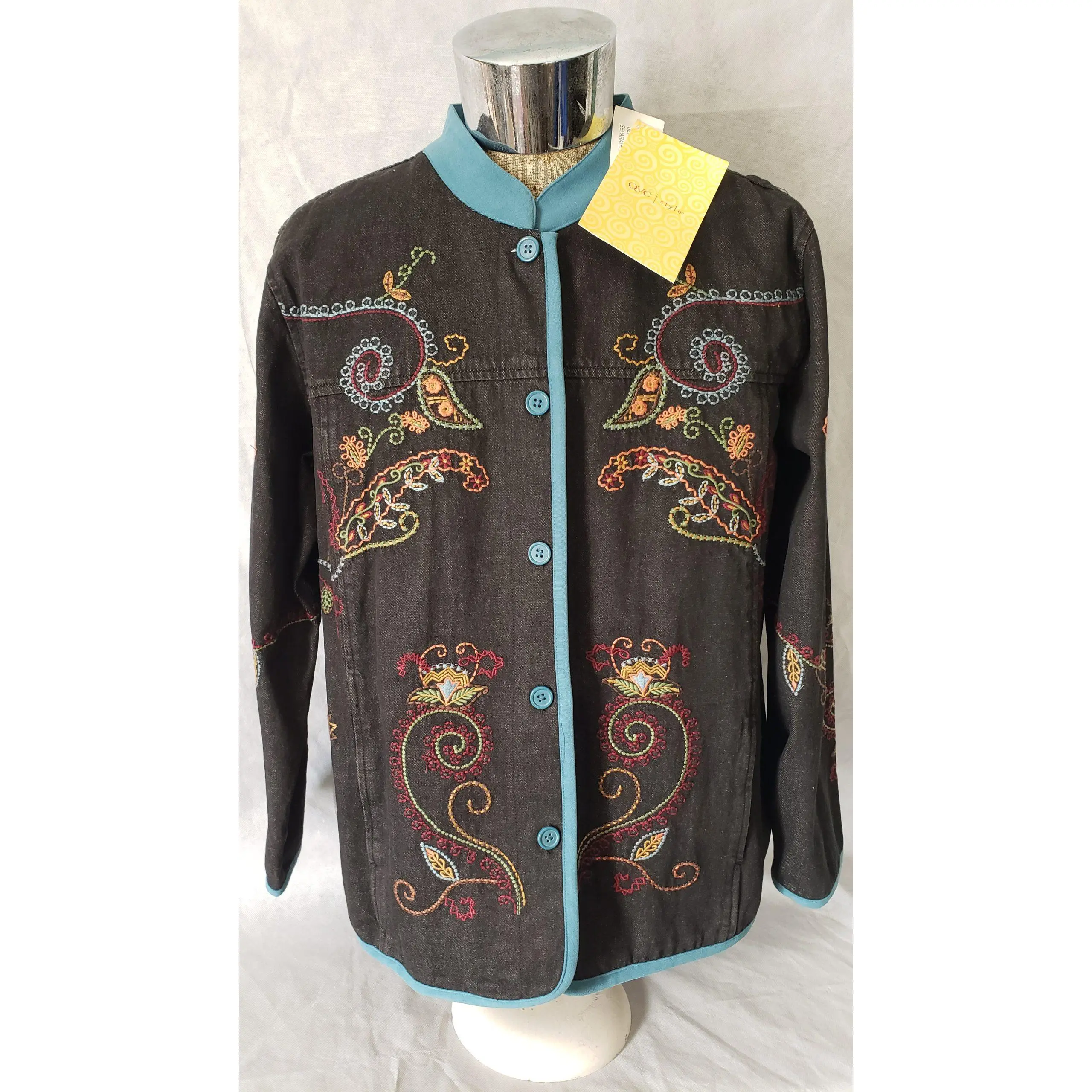 Boho Denim & Co Paisley Embroider Button Jacket QVC Women Plus 1X Hippie
