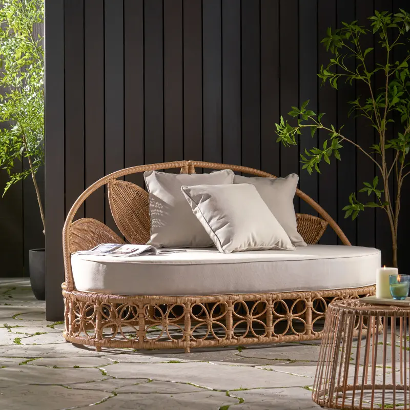 Casual Wicker Outdoor Daybed - Durable Weather-Resistant Sofa Daybed with Earthy Floral Motif, 3 Throw Pillows for Patio, Poolside Use, 60.00" W x 33.50" D x 31.00" H
