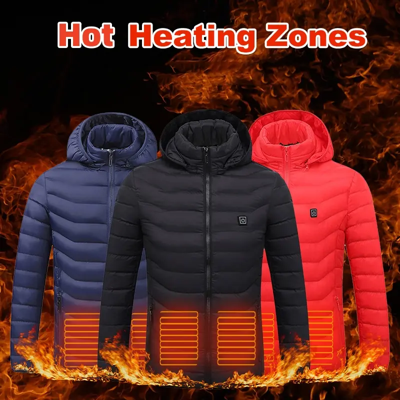Men's USB Heated Puffer Hoodie Jacket - Lightweight Cardigan-Style Outerwear with Cotton Fill, Metallic Lining, Elastic Hem, Zipper, Long Sleeves, 3-Temp Control for Outdoor Shooting & Fishing, 3XL Tops