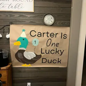 Carter is One Lucky Duck Brown Paper Birthday Banner 48x36 Inches Customizable for First Birthday Celebrations
