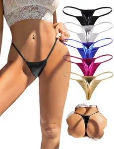 Women's G-String Thongs for PU Panties Stretch T-back Tangas Low Rise Hipster Underwear Swimwear Glossy Micro Bikini Bottom Swim Thongs Underwear Beach Panty Black S-2XL