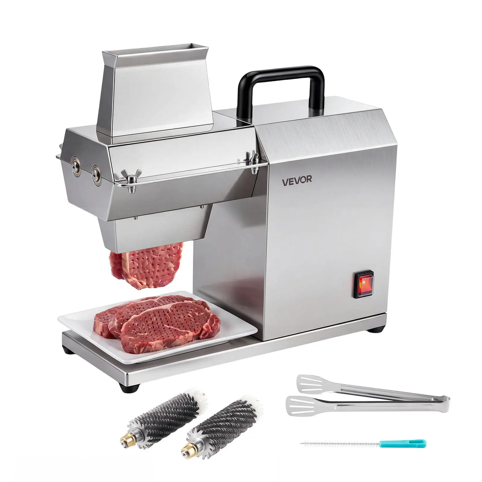 VEVOR Commercial Meat Tenderizer, 450W Electric Beef Machine 265 Lbs/H, for Turkey Chicken Pork, Heavy Duty Stainless Steel Kitchen Tool with 54 Blades, Food Tong, Cleaning Brush, Wide Feed Chute