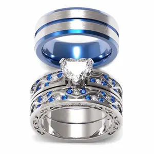Ringcrown Couple Ring Bridal Set His Hers Women White Gold Plated Heart Moissanite Men Tungsten Steel Wedding Ring Band Set 2 Pieces AAA CZ 5 Layers Plating Protection