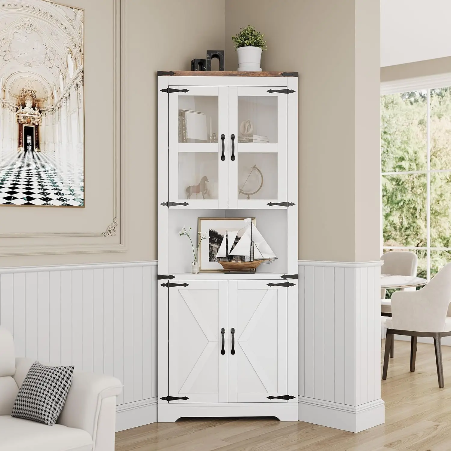 69" Tall Farmhouse Corner Storage Cabinet with Glass Door – Adjustable Shelves & Space-Saving Design – Kitchen, Bathroom, Living Room