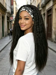 No Glue Needed 30 Inch Kinky Straight Headband Wig Heavy Yaki 200% Density Natural Color Machine Made Synthetic Super Long Wig for Black Women #gluelesswigs #headbandwig #kinkystraight #2