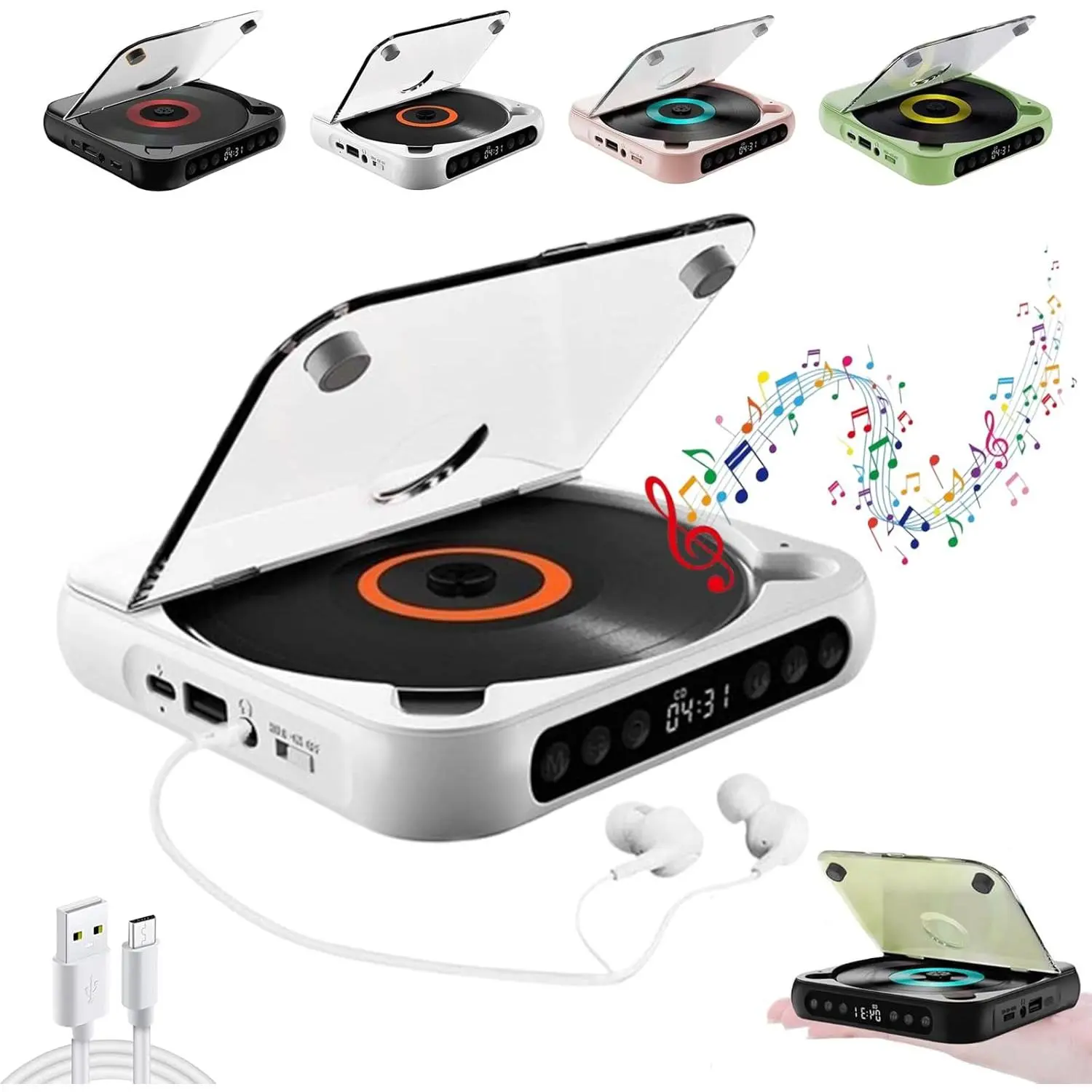 Portable Hi-Fi Bluetooth CD Player - CD Music Player with Built-In Speakers, LCD Display, Auxiliary Input for Home Use