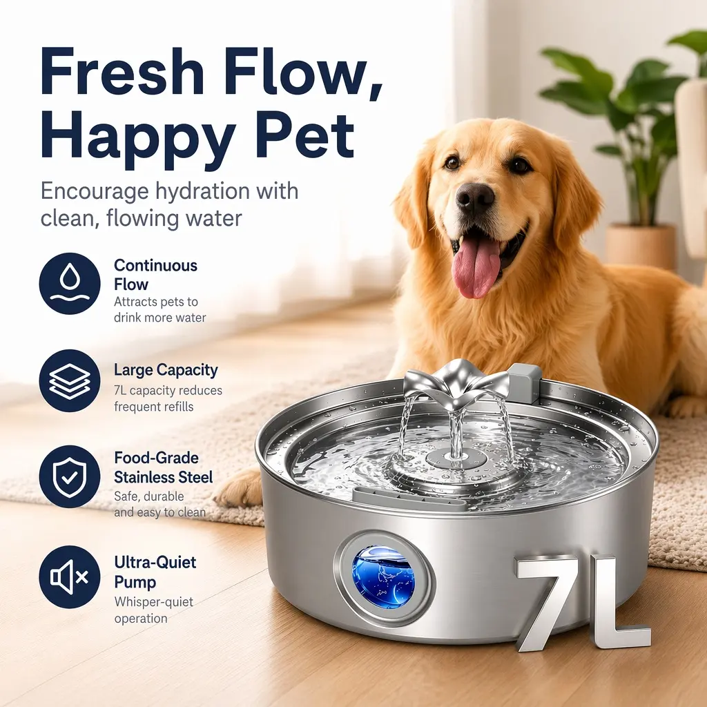 IDEAZOOSS 1.8 gal (7L) 304 Stainless Steel Ultra-Quiet Pet Fountain - Easy Clean, Refillable Running Water Dispenser for Large Dogs/Cats, Water Level Window, Red-Blue Indicator Lights (Non-Smart), Refillable Water-Filled Fountains
