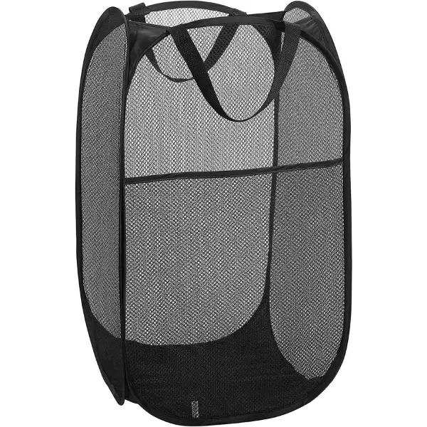 Black Polyester Mesh Popup Laundry Basket - 14x14x23in Square, Portable Handle Carry, Collapsible Flat Packing Space-Saving Open Storage, Strong Mesh, Durable Carbon Steel Handles, Easy to Open, Ideal for Kid Room, College Dorm