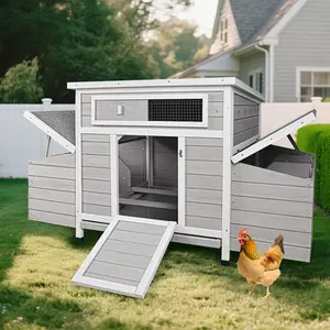 58" Wood Chicken Coop Enclosure, Outdoor Large Natural Wood Poultry Cage with 6 Nesting Boxes for Egg Retrieval, Weatherproof Design, Leakproof Removable Tray, and Ventilation for Farm, Backyard