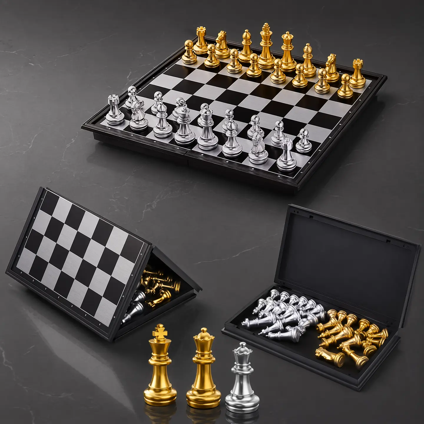 Magnetic Chess Set with Folding Portable Tabletop Board, Metallic Gold-Silver Pieces, 5.11/7.87/9.84 Inch Classic Board Games Magnet Games for Family Gift (2002gjxq-7.87inch Option)