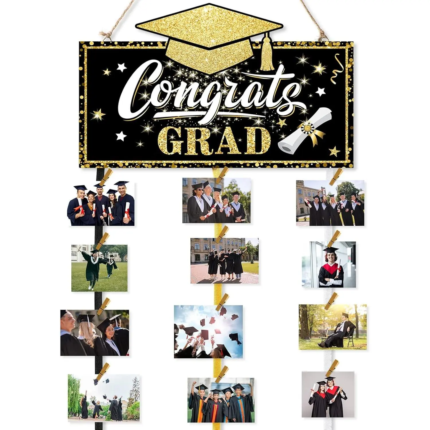 Graduation Photo Hanging Display 2026 Graduation Picture Frame Boards Black and Gold Congrats Grad Photo Banner with 30 Wooden Clips for Kindergarten Preschool High School College Grad Party