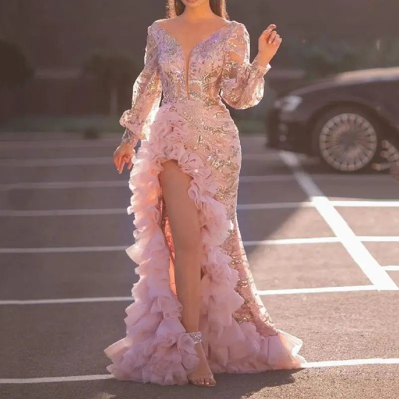 2026 Fall New Sheer Mesh Train Slit Pink Evening Dress with Sparkles Women Party Gown Prom Formal Wear used with raincoat