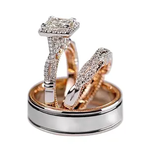 Three-piece Ring Set Rose Gold Color-separated Sparkling Zircon Ring Women's Luxurious Engagement Ring