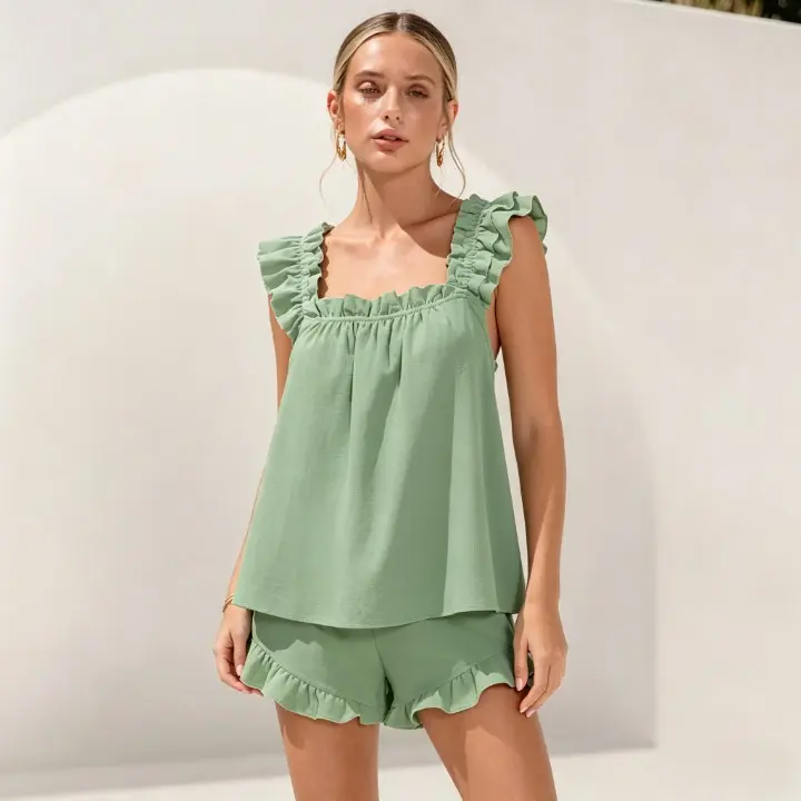 Women's 2-Piece Y2k Loungewear Set, Cute Ruffle Soft Tank Top & Shorts, Basic Casual Lady Bridal Sleepwear, TFNOSIZE Summervibes Sleep Set, Pajama Set, Pyjamas