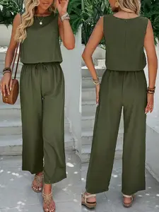 Olive Sleeveless Jumpsuit with Adjustable Drawstring Waist, Casual Loose Wide Leg Design for Daily Wear and Vacation, Comfortable Stylish, Womenswear