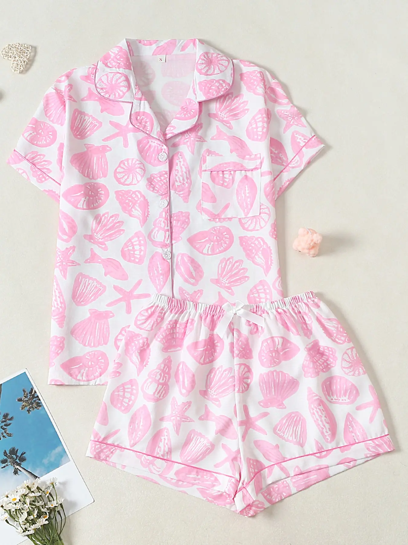 Women's Pajama Set, Shell Starfish Print Loungewear, Short Sleeve Button-Down Shirt & Elastic Waist Shorts, Casual and Comfortable Nightwear for All Seasons, Pyjamas Set