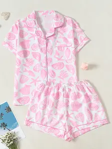 Women's Pajama Set, Shell Starfish Print, Short Sleeve Button-Down Shirt & Elastic Waist Shorts, Casual Comfort, All Seasons