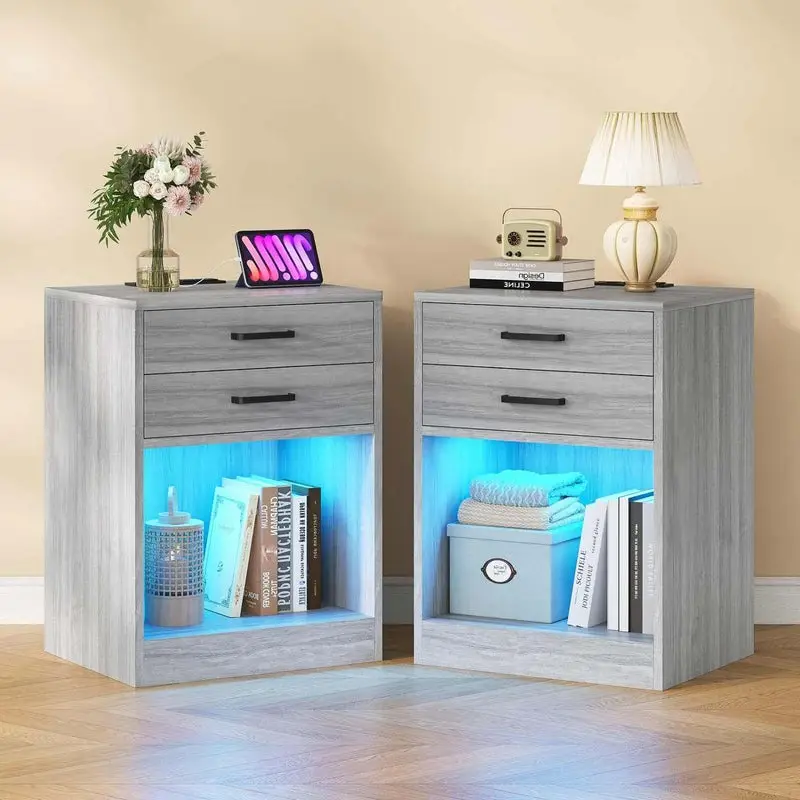 Sikaic 2Pcs LED Nightstands with Charging Station Power Outlets and Drawers Grey Furniture Shelf Table Storage Bedside Organize