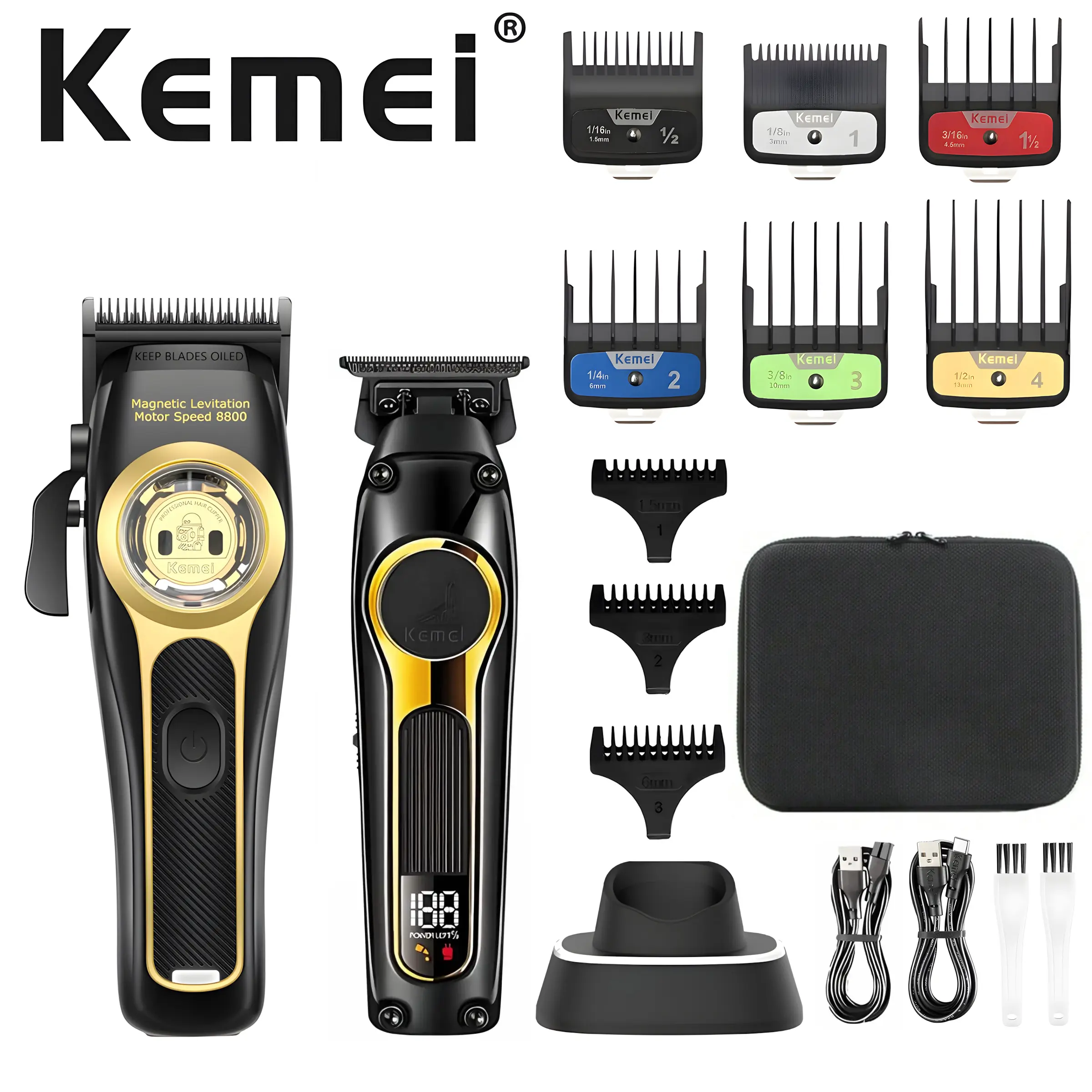Kemei Men's Electric Hair Clipper Set, 2 Piece Kit with Guide Comb & Brush, Professional Grooming Tool for Home Use, Long Battery Life, USB Rechargeable Trimmer, Cordless Hair Clippers, Haircut Machine
