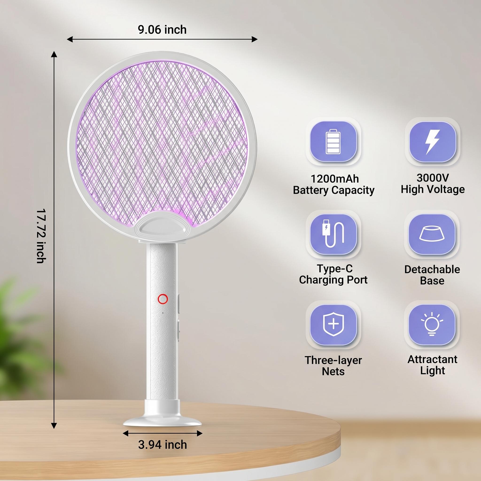 Foldable Electric Fly Swatter Racket 2-in-1 Bug Zapper, 3000V Mosquito Killer with Purple Attractant Light, 1200mAh USB Rechargeable with Support Base, Portable Handheld Mosquito & Insect Killer for Home, Office, Backyard, Patio, Camping