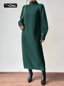 Women's Solid Raglan Sleeve Turtle Neck Sweater Dress, Casual Classy Dress, Casual Long Sleeve Jumper Dress for Fall & Winter, Women's Knitwear for Daily Wear, Turtleneck Women