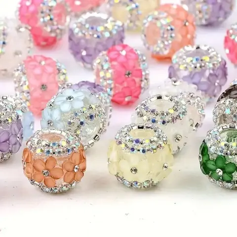 Pack of 10 Sparkling Acrylic Flower Ball Beads (0.67x0.59 in, Flower Shape, Tiny 0.67" Fit) with Sparkling Center - Random Color Mix for Bead Charms, Jewelry Making, DIY Handicrafts (Office Stationery Use Included)