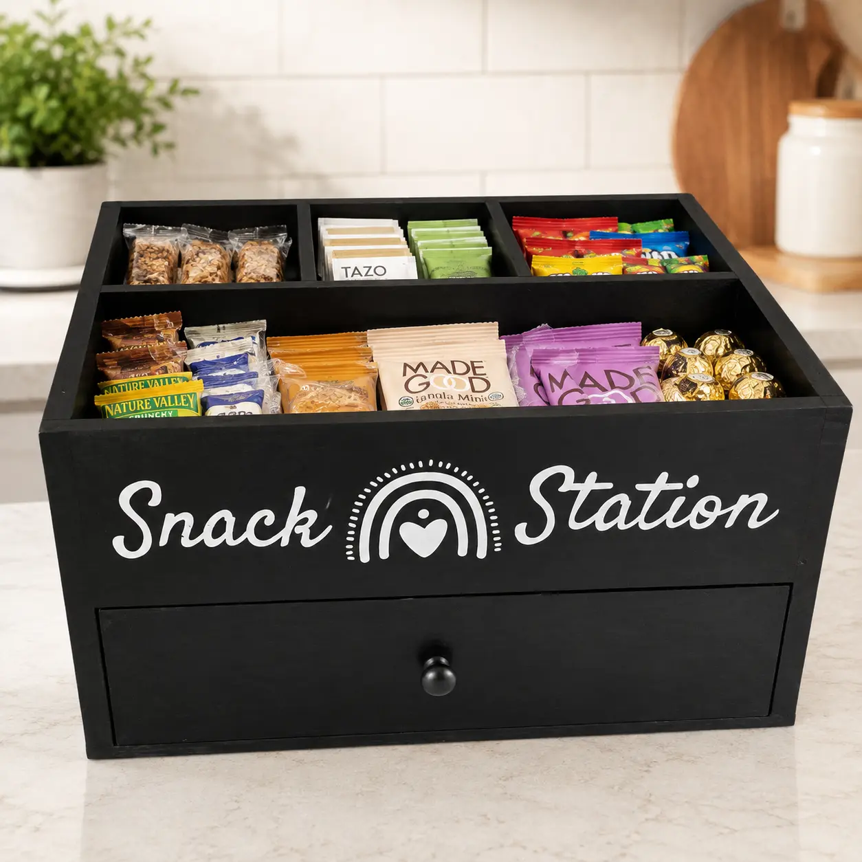 Snack Organizers and Storage for Countertop,Wooden Pantry Storage Bins,5 Compartment Snack Basket Storage Bins with Drawer,Snack Dispenser Pantry Organizer for Snacks,Cookies,Candies