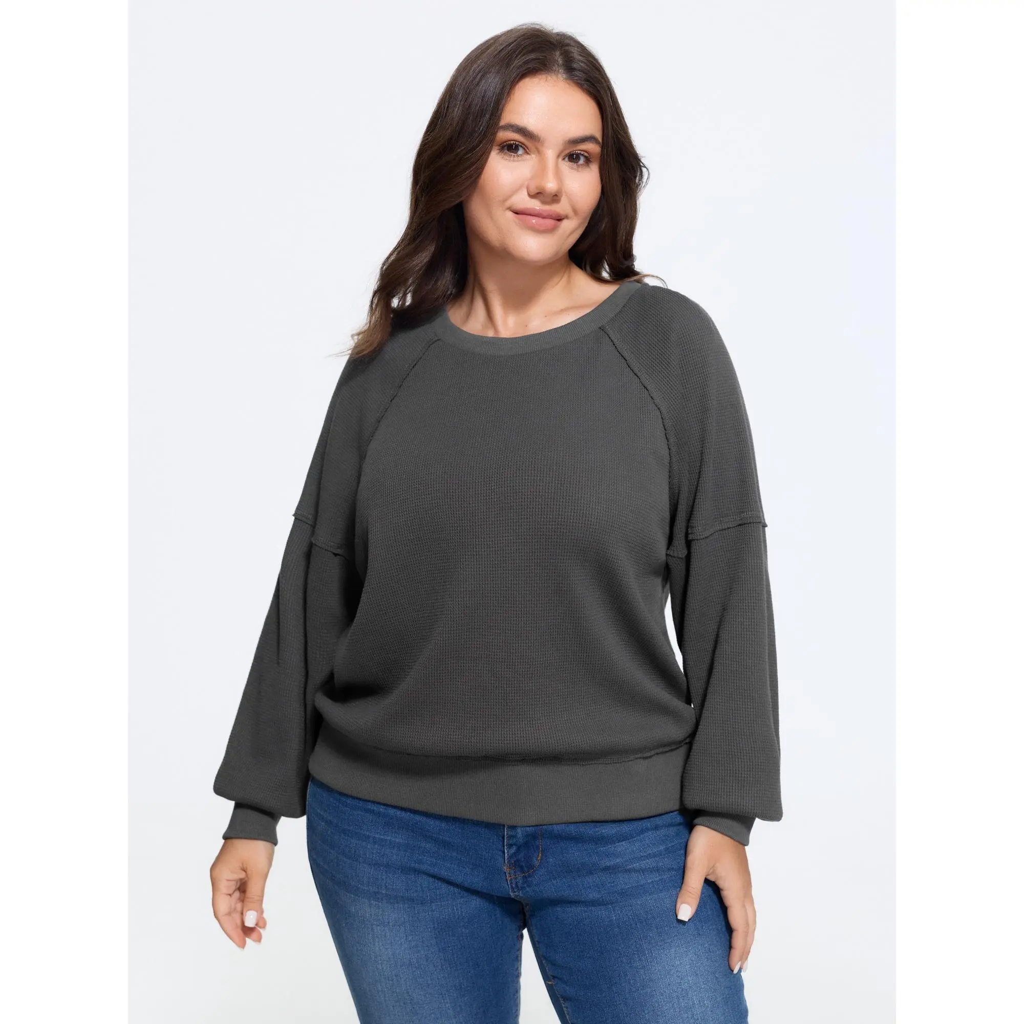 BLOOMCHIC Women's Plus Size Basic Casual Waffle Knit Raglan Lantern Sleeve Crew Neck Spandex Garment Knitwear Sweatshirt [M-6X] 2026 Summer Finds, Fabric