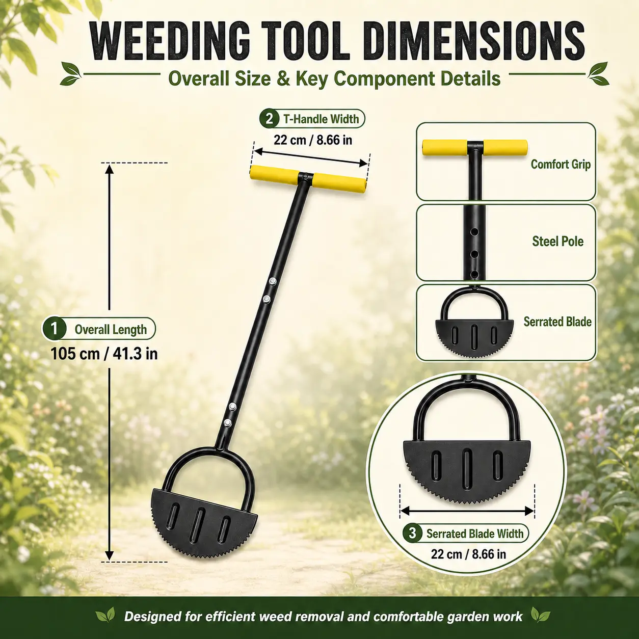 Manual Grass Edger Trimmer - Heavy-Duty Alloy Steel Serrated Blade Cutting Tool, Detachable Foldable Long T-Grip Handle, Portable Weed Control for Flower Beds