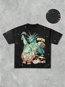 Men's Silver Color Short Sleeve T-Shirt, Lady Liberty Graphic Print, American Hip Hop Style, Casual Daily Wear, Soft Fabric, All Seasons