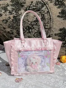 Faurala Kawaii Lace Satin Ruffle Tote Ita Bag Clear Window Pin Display Shoulder Bag Coquette Anime Photocard Purse Shoulder Totebag