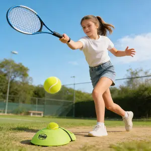Tennis Rebounder Trainer Single Player with String & Fixed Base - High Elasticity Racket Included, Suitable for Adults & Kids, Indoor & Outdoor Use，Equipped with 1 Fixed Trainer, 2 Tennis Balls and 1 Racket