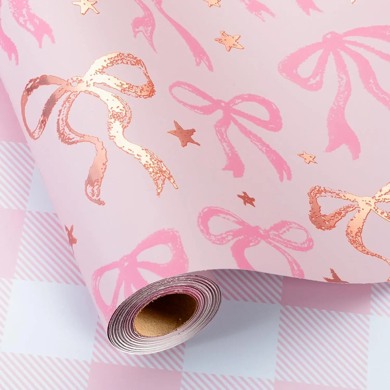 Pink Wrapping Paper Roll, Cute Bow Gift Wrap, Reversible Plaid Gift Paper for Girl Baby Shower, Birthday, Wedding 17 Inch x 33 Feet