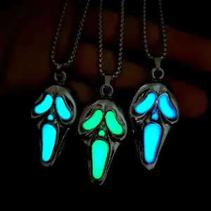 Skull Alloy Electroplated Luminous Pendant Necklace Exaggerated Personality Demon Eye Halloween Accessories Luminescent Stainless Steel Ghost Face Mask