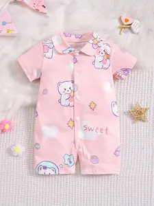 Spring Summer Cute Cartoon Print Baby Onesie, Newborn Bear Jumpsuit, Open Front Lapel Outdoor Casual Romper, Unisex Infant Clothing, Baby Girl Clothes, Bodysuit