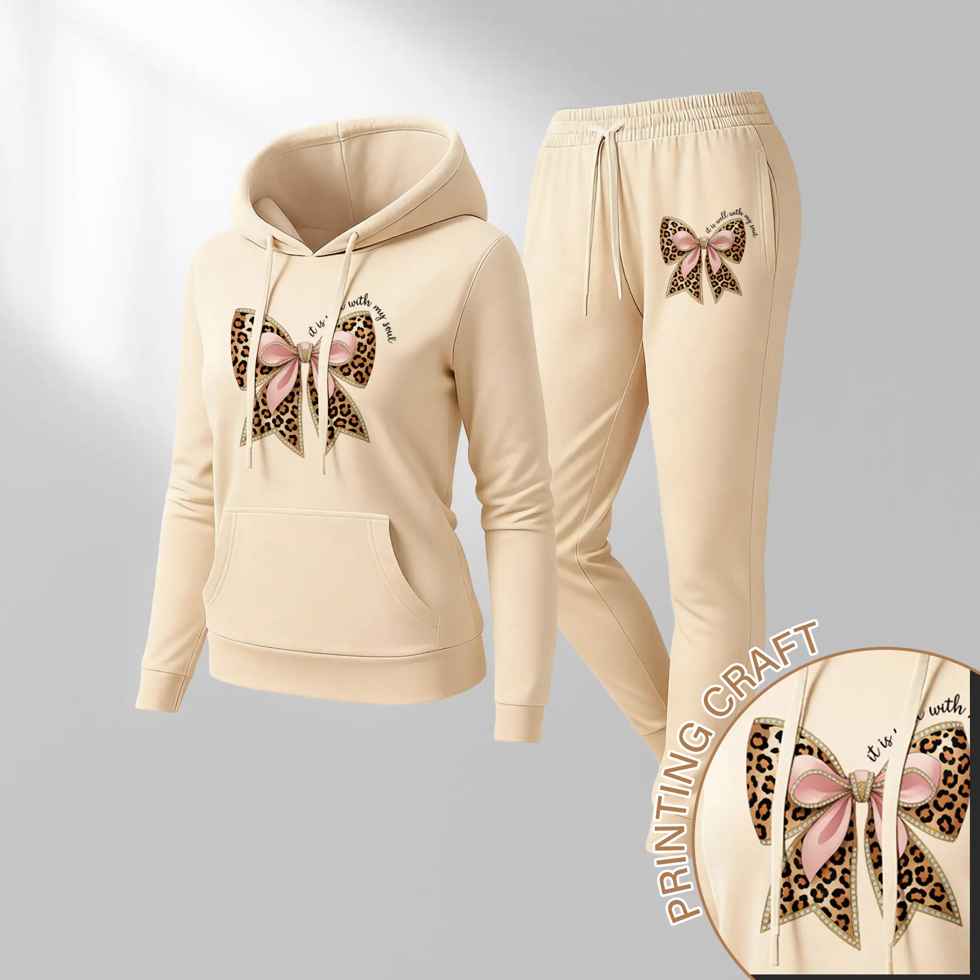 Women's Leopard Bow Print Hoodie And Drawstring Track Pants Set, Casual Sportswear, Long-Sleeved Hooded Jacket And Pants, Suitable For Autumn And Winter, Everyday Wear, Indoor And Outdoor Sportswear, Sportswear Set, Casual Sportswear.