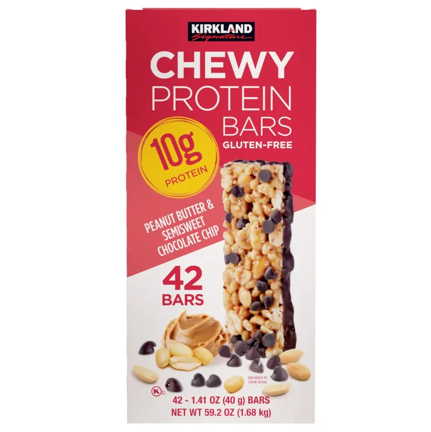 Kirkland Signature Chewy Protein Bars Peanut Butter & Semisweet Chocolate Chip 10g Protein Gluten-Free 42-Count 1.41 oz Each