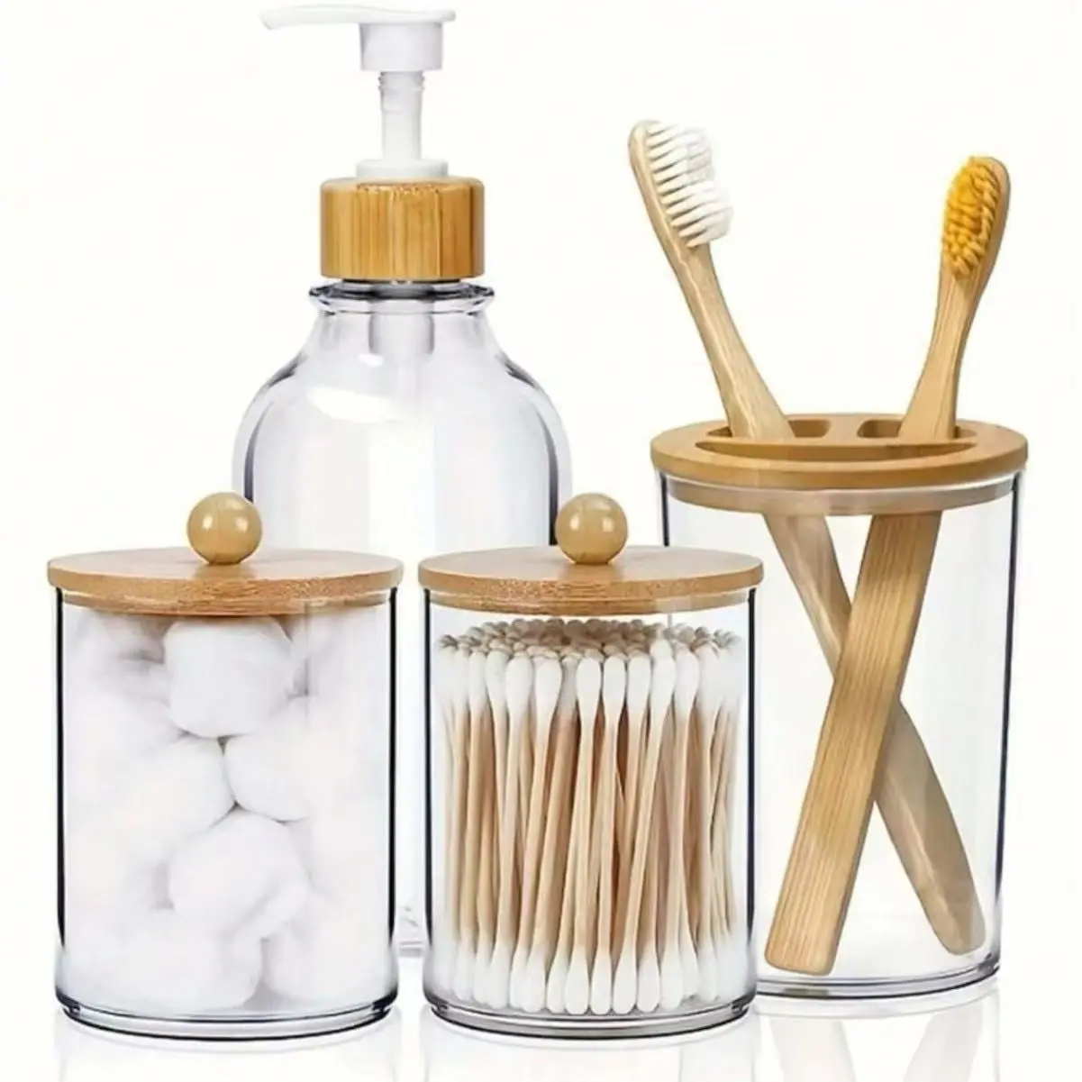 4-Piece Bamboo Bathroom Accessories Set—Plastic Soap Dispenser, Clear Toothbrush Holder, and 2 Cotton Ball Storage Jars, Bathroom Organizer, Bathroom Organization, Bathroom Accessory Sets