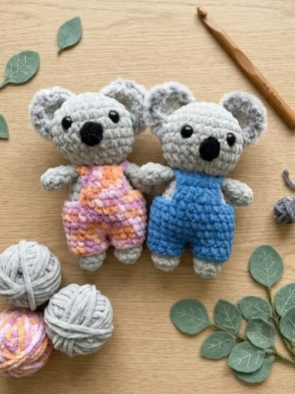 Cute Crochet Koala Bear Plushie in Overalls, Handmade Amigurumi Stuffed Animal Toy, Soft Cozy Chunky Yarn Koala Doll for Room Decor, Birthday Gift for Girls and Boys