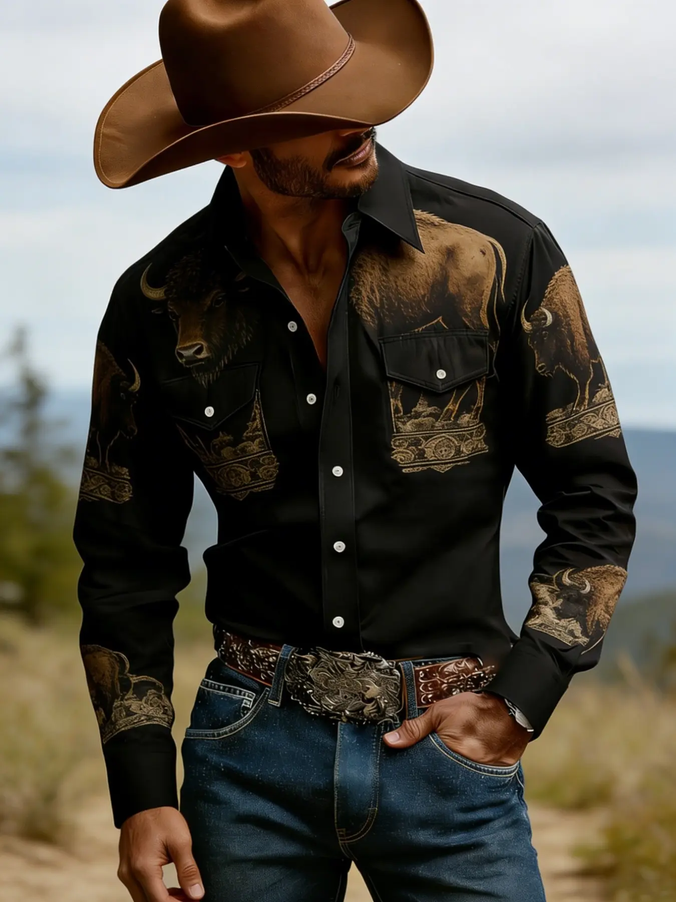 Men's Western Style Long Sleeve Shirt, Collared Shirts, Bison Totem Print, Background, Casual Slim-Fit, Outdoor Leisure Wear, All Seasons
