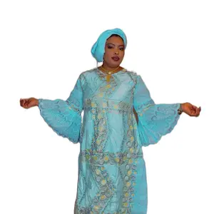 Bazin Gezner with Lace Teal Blue Elegant African Print Dress for Women