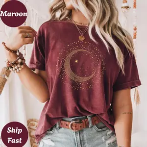 Men's Soft Loose Fit Cotton Short-Sleeve Round Neck Printed T-Shirt - Light Yarn Basic, Casual Fabric, Moon Phase Astrology Print, Lunar Crescent Graphic with Pocket, Mystic Celestial Streetwear Top AA79