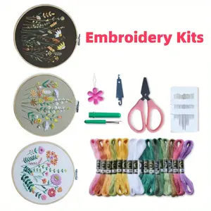 3 Pack Beginner Embroidery Kits for Adults,DIY Starter Set with Stamped Flower Designs,Embroidery Hoop,Colorful Threads,Tools