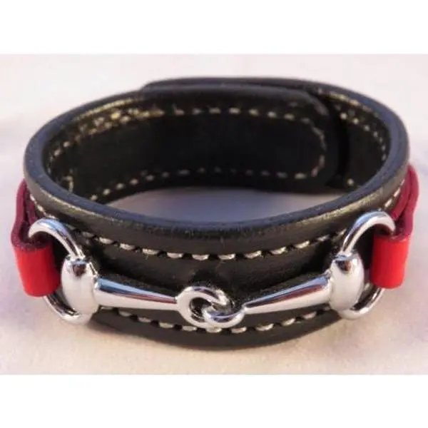 LEATHER HORSE BIT BRACELET Handmade Red & Black with Silver Equestrian Snaffle