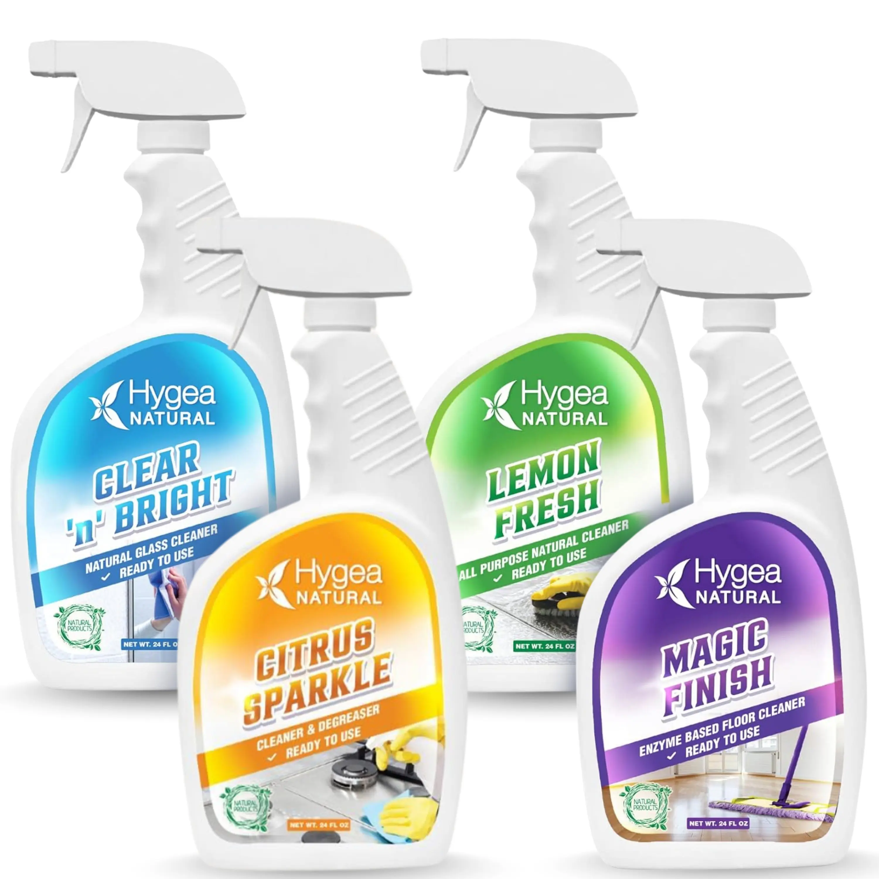 HYGEA NATURAL Non Toxic Cleaning Starter Kit - 4-Piece Set with Citrus Sparkle, Lemon Fresh, Clear 'N' Bright, Magic Finish - Eco-Friendly & Family Safe Household Cleaners