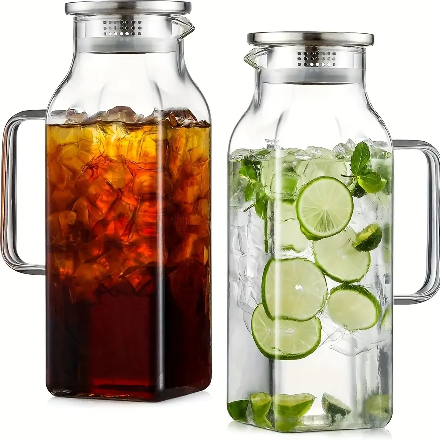 68oz square glass water jug with lid and handle, suitable for fridge, iced tea, and coffee drinks. Heat-resistant borosilicate water jug, perfect for hot and cold drinks and milk, with 304 stainless steel lid.