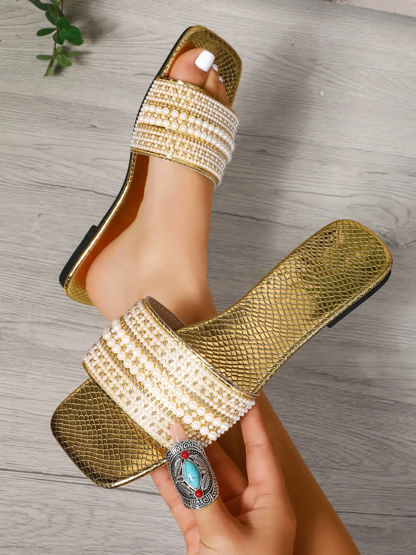 2026 Summer New Pearl Rhinestone Sandals, Gold Snake Print Square Toe Flat Heel Flip Flops, Casual PU Leather Shoes, Beach Wear